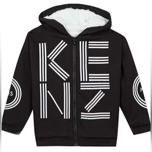 KENZO Kids Boys Oversized Logo Print Sherpa Lined Hoodie Black Size 12 Org $259